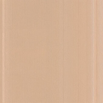 Beige vinyl siding with vertical grooves, exhibiting a textured, embossed pattern and matte finish; two vertical seams are visible.